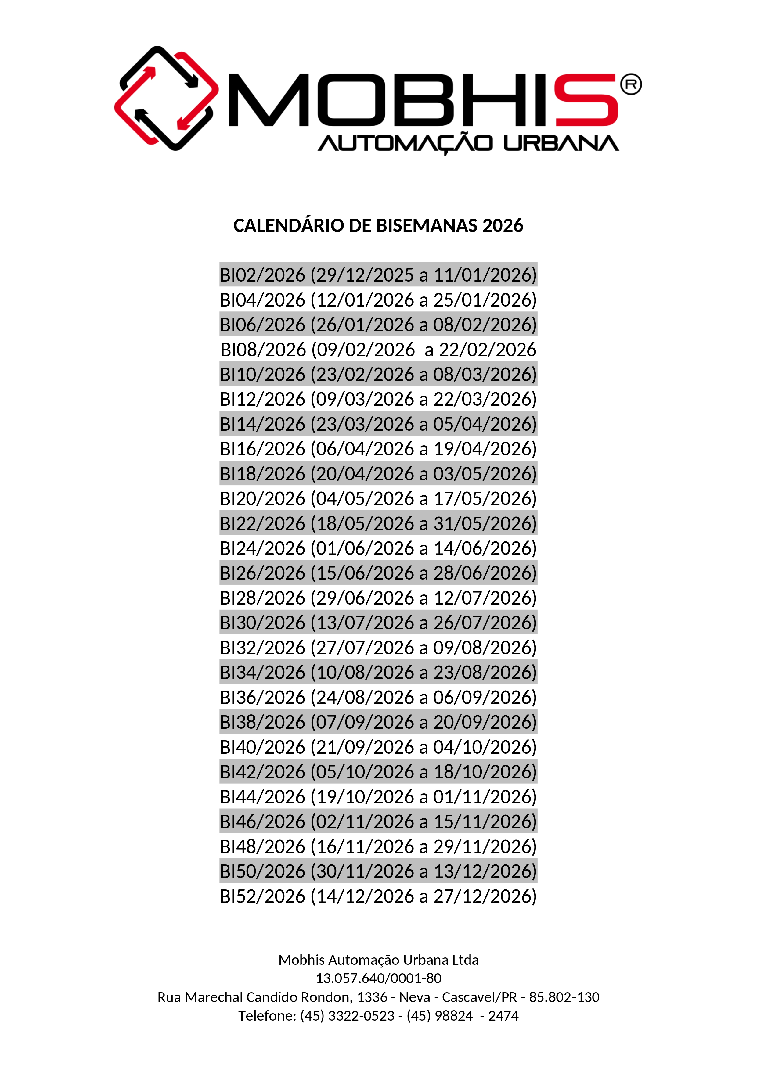 Calendário anual de bisemanas - 2026